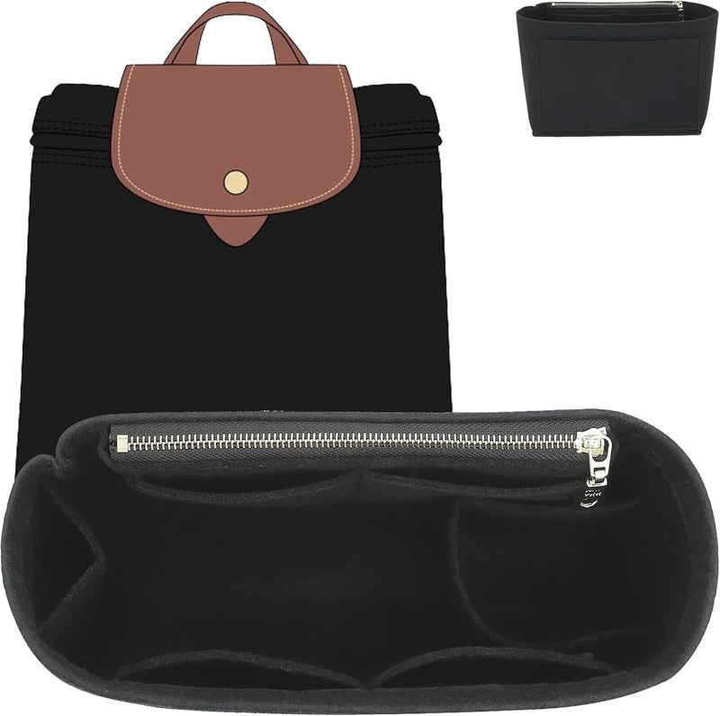 Doxo Backpack Organzier Insert for Longchamp Le Pliage Bag, Premium Felt Organizer with 8 Compartments and Zippered Pocket Bottle Pocket(Black, Backpack) - Image 1